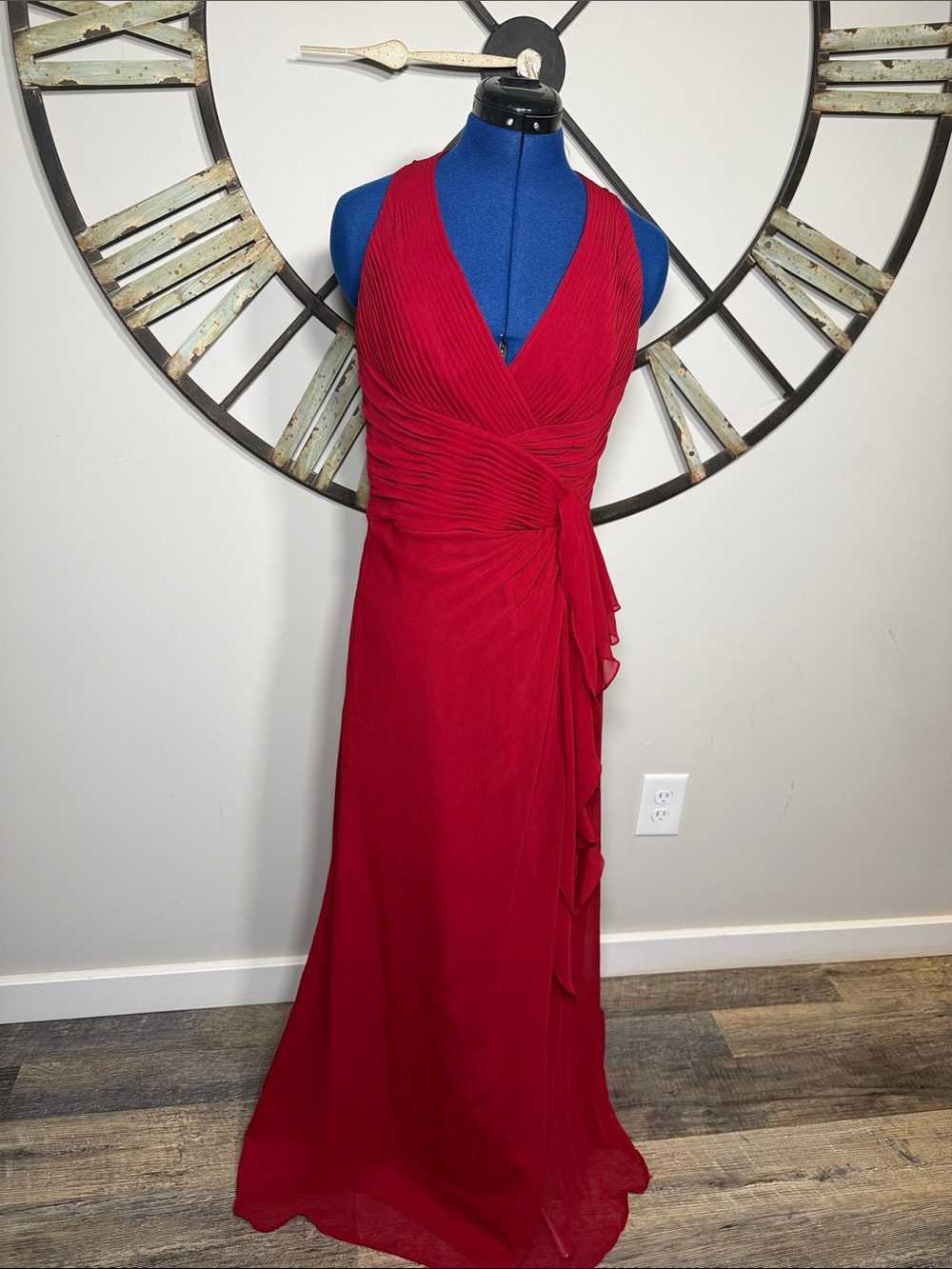 David’s Bridal Red Ruched V-Neck Evening Dress